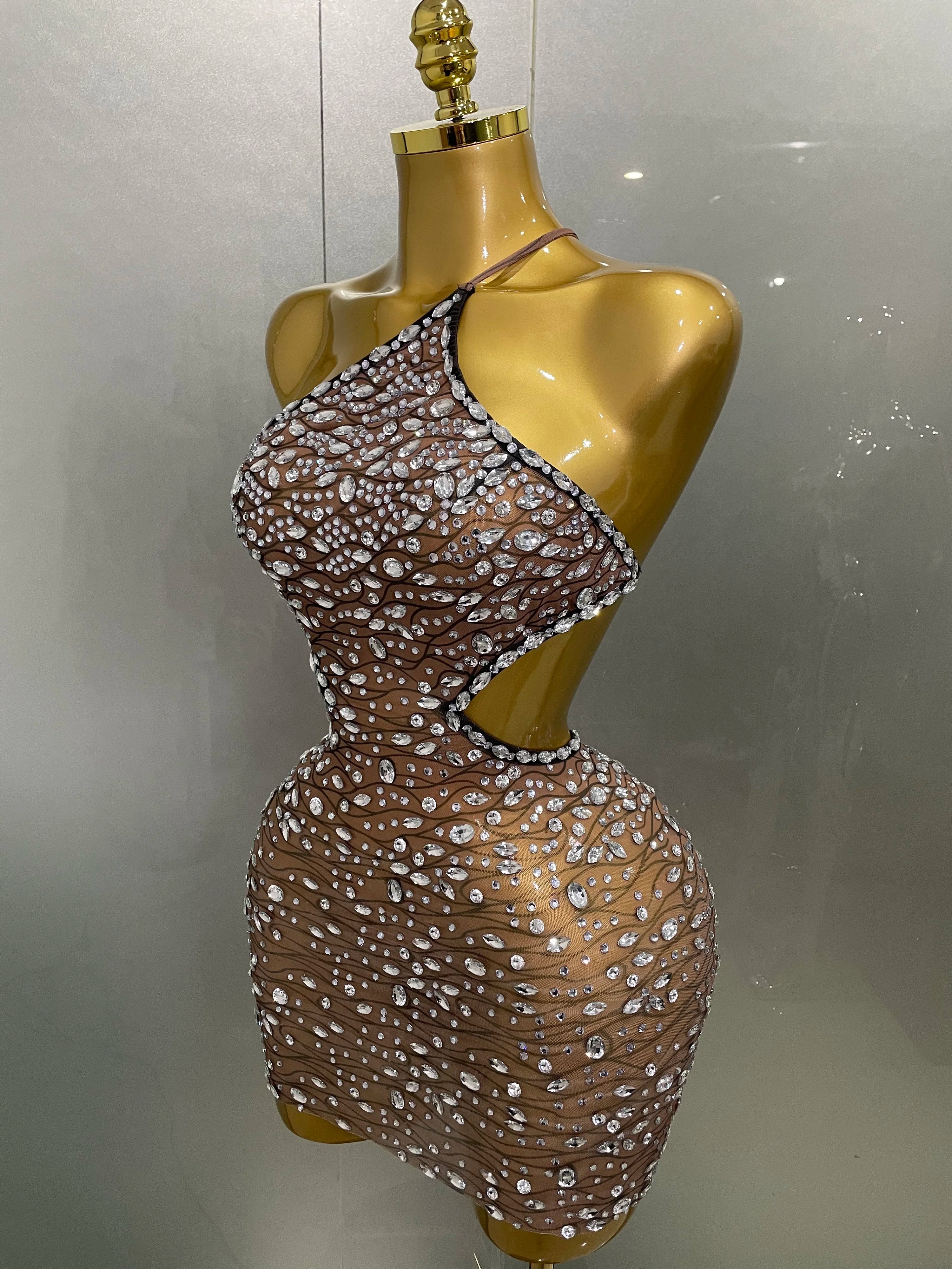 Novo vestido curto sensual brilhante com strass e costas nuas, 2025, para mulheres, festa de aniversário, boate, palco, fantasia