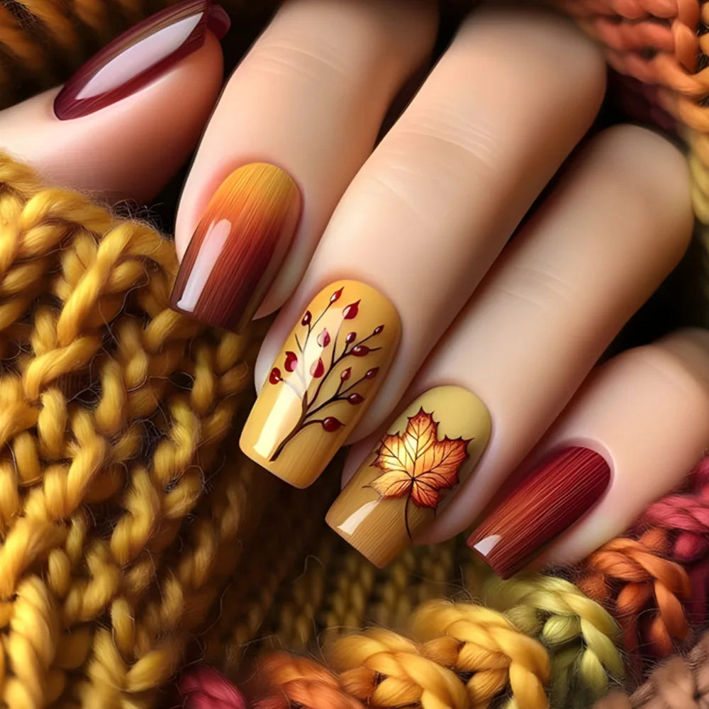 24pcs/set short medium fake nails beautiful flowers design fall winter square ballet acrylic tips press on false nail art supply