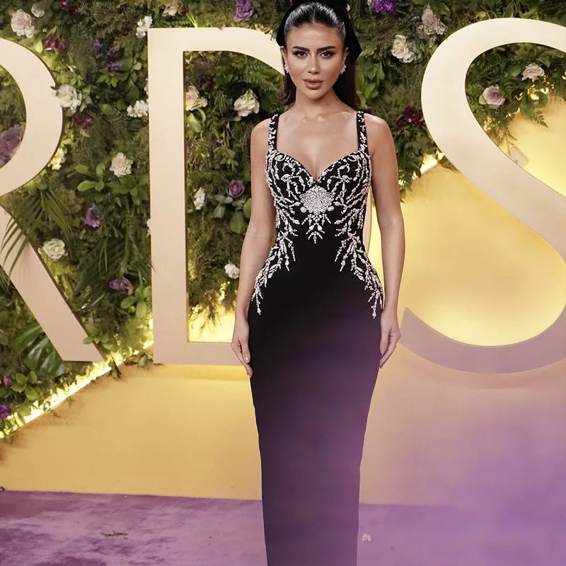 Summer Women Sleeveless Sexy Strap V-Neck Shinning Crystal Bodycon Long Bandage Dress Celebrate Evening Party Outfit