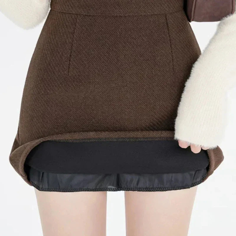Vintage Fashion Autumn Winter New Woolen Women Solid Zipper Korean Temperamen Chic High Waist Short Slim A-line Hip Wrap Skirt Coffee