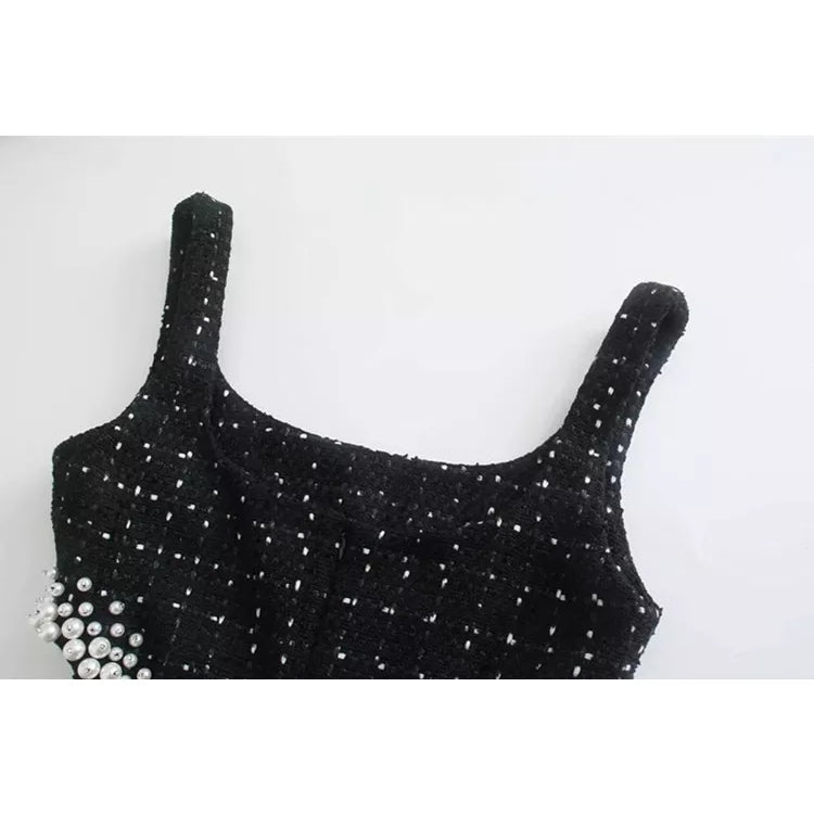 Women Sexy Waist Hollow Out Pearl Appliques Tweed Woolen Slim Mini Dress Female Chic Back Zipper Sling Vestidos