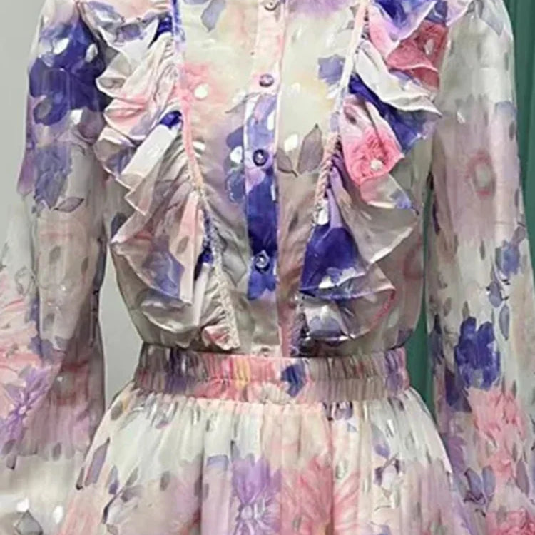 Conjunto colorido de duas peças para mulheres, gola redonda, manga comprida, top, cintura alta, mini saias, conjunto de malha para o verão, roupas femininas 2024