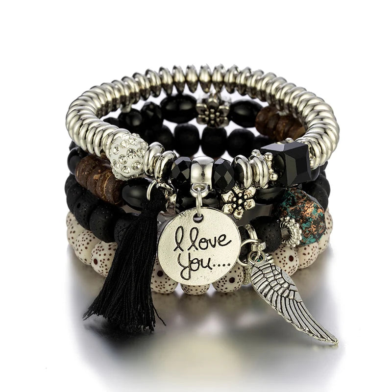 4Pcs Bohemian Women Pink Tassel Bracelet Set For Female I Love You Feather Round Charm Beads Chain Bangle Fashion Party Jewelry BR139-2