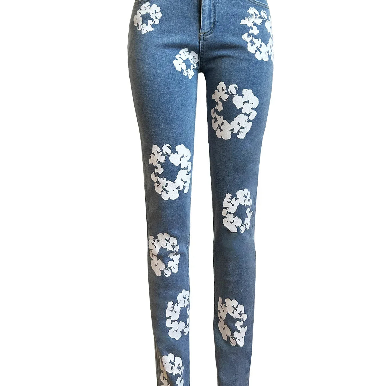 Floral Printed Women Jeans Zipper Fly High Waist Denim Pants Spring New Popular High Street Trousers Stretchy Bottom Pants