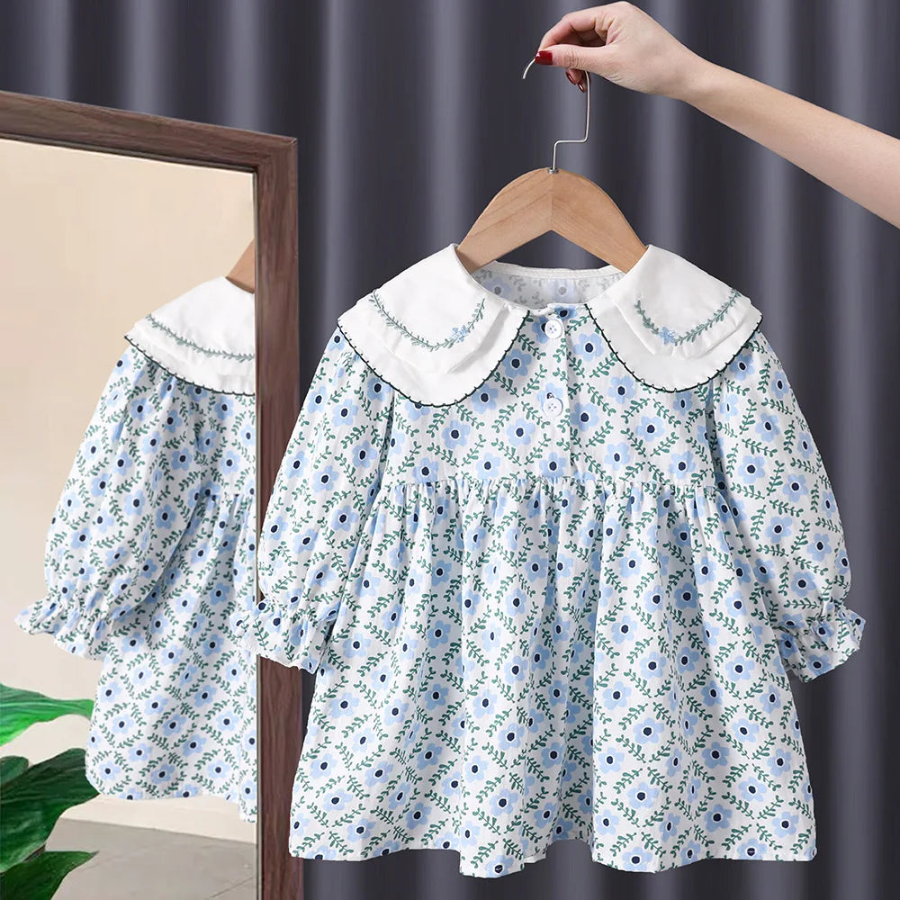 Baby Girls Floral Princess Dress Spring Autumn Korean Style Long Sleeve Big Turn Down Collar Kids Girl Dresses Summer 2024 New Dress J