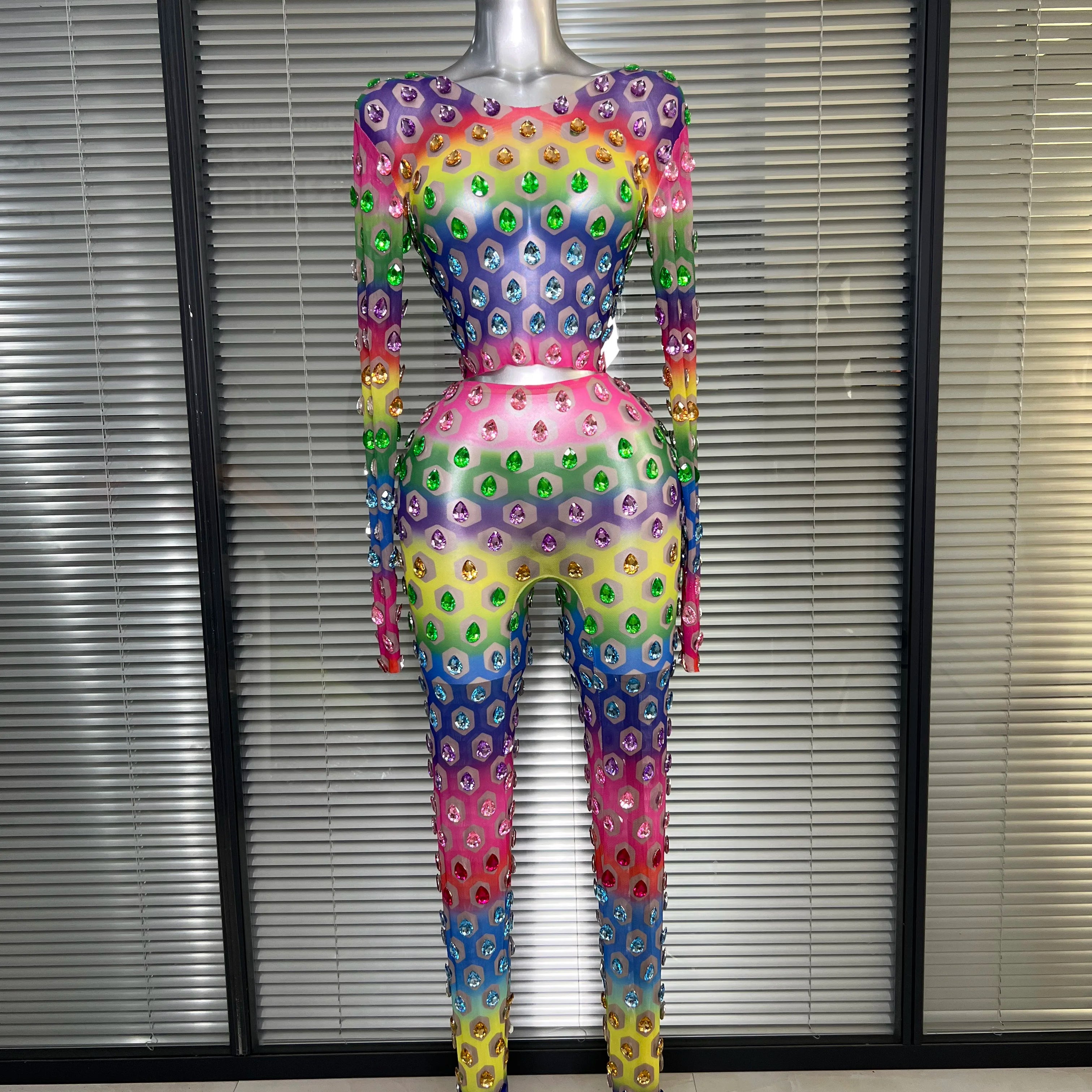 Women Sexy Two Pieces Set Crystal Diamond Night Club See Through Stretched Pants Suits Singer Dancer Stage Performance Costume