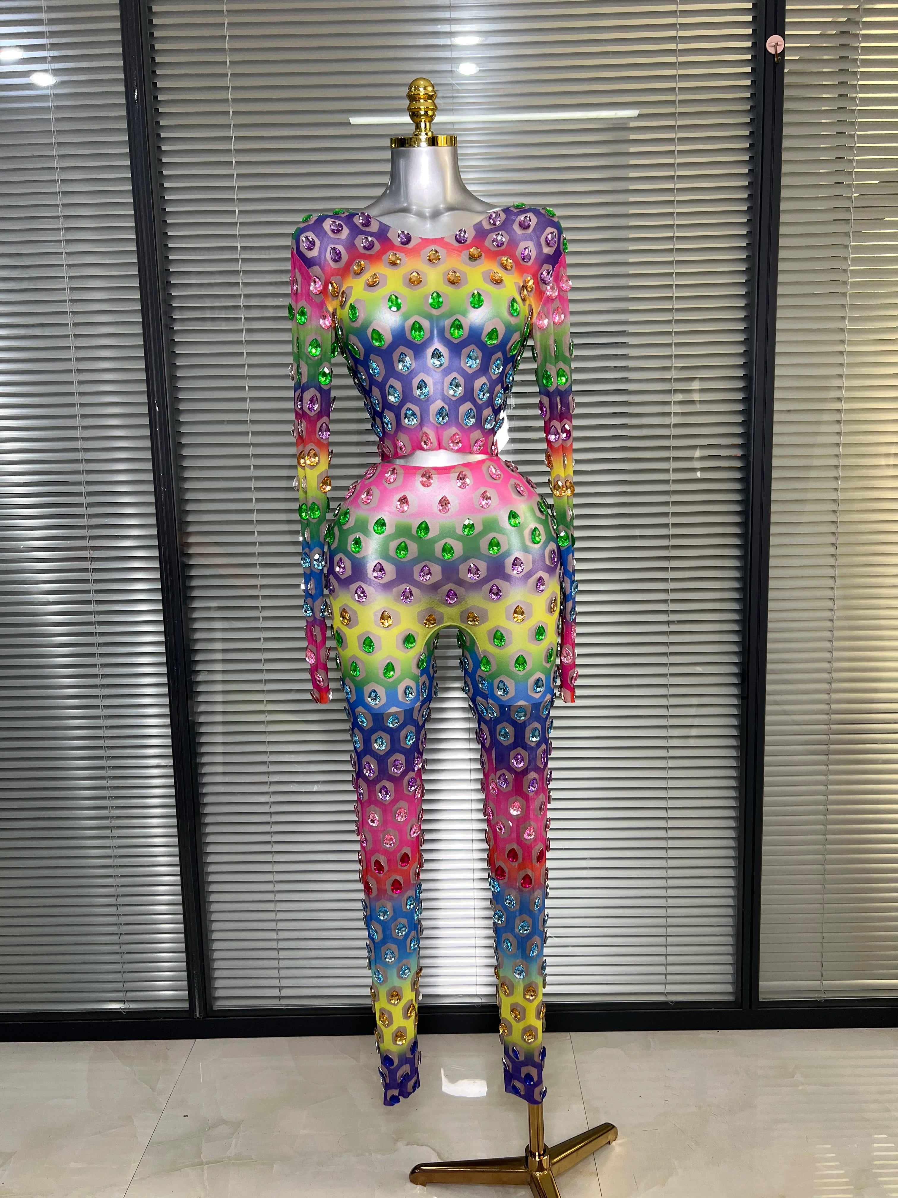 Women Sexy Two Pieces Set Crystal Diamond Night Club See Through Stretched Pants Suits Singer Dancer Stage Performance Costume