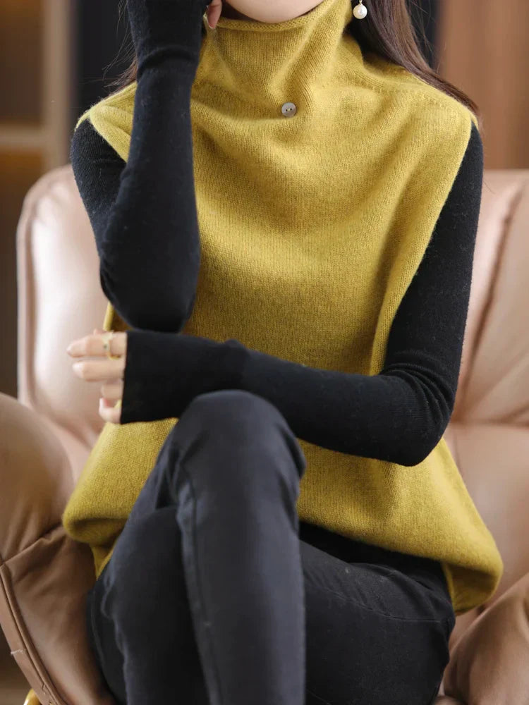 2023 100% Pure Wool Turtleneck Waistcoat Women's Knitted Vest New Autumn And Winter Sleeveless Top Sweater JQ137
