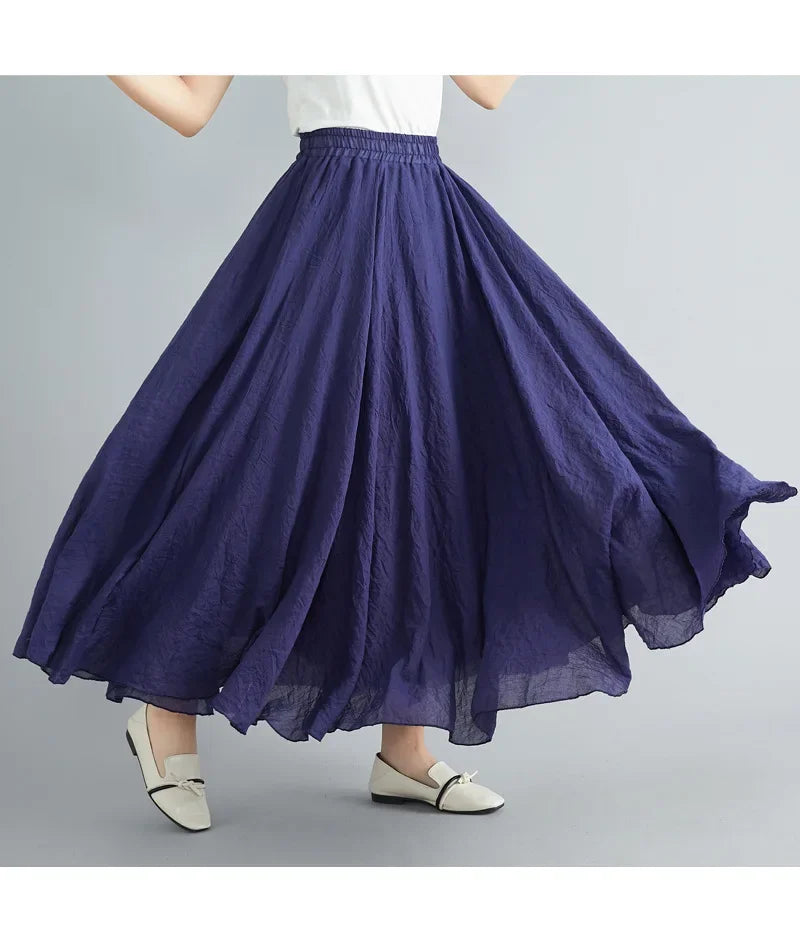 Fashion Cotton Linen Clothes Women Skirts Maxi Y2k Elegant Beach Saia Ropa Mujer Casual Vestido Boho Long Skirt Faldas Harajuku navy