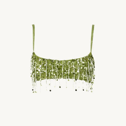 Y2K Tassel Sequin Mini Skirt Sets Women Crop Backless Sling Vest Short Hip Package A-line Skirts 2025 Summer Party Club Outfits