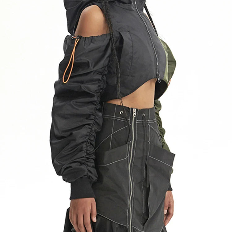 DEAT Fashion Women's Jackets Hooded Off The Shoulder Drawstring Contrast Stitching Midriff-baring Coat Autumn New 7AB303