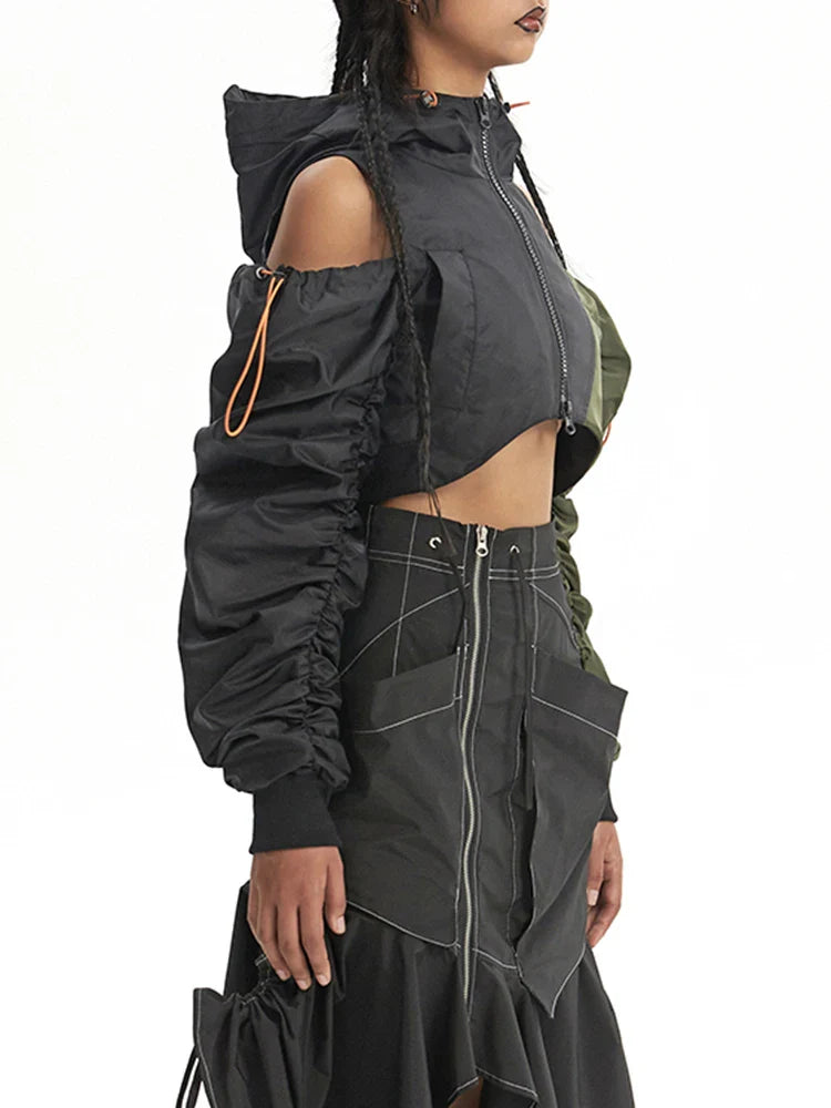 DEAT Fashion Women's Jackets Hooded Off The Shoulder Drawstring Contrast Stitching Midriff-baring Coat Autumn New 7AB303