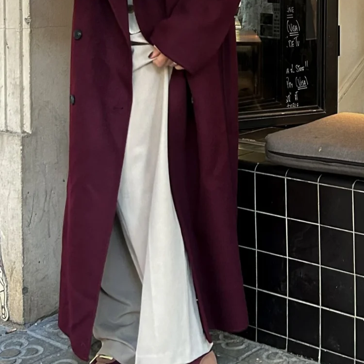 Fashion Burgundy Red Double Breasted Oversized Overcoat Women Casual Lapel Pockets Long Sleeve Coats Female High Streetwear