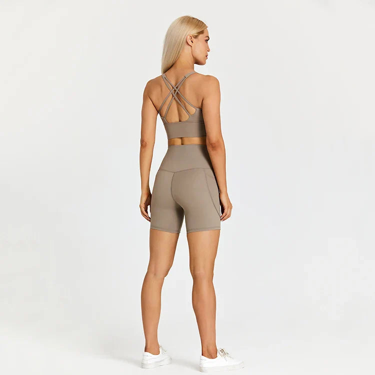 ABS LOLI Pockets Yoga Shorts Set Women Fitness Suit 2 Piece Sports Gym Wear Workout Clothes Running Sportswear Sport Outfit sand color