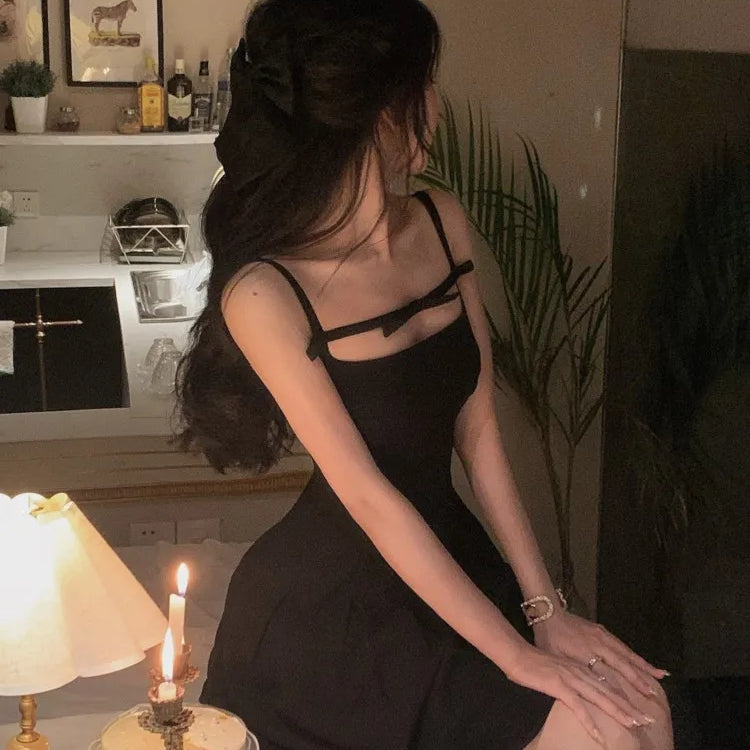 Y2K Summer Short Dress Women Solid Spaghetti Strap Evening Party Dresses Elegant Sleeveless Sexy A-line One Piece Vestido Mujer Black(Short)