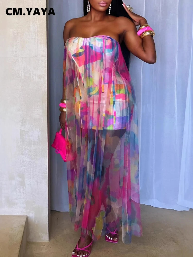 CM.YAYA Women Sleeveless Tie Dye Print Strapless Mesh Bodycon Midi Long Maxi Dress 2025 Birthday Club Party Vestido Sexy Dresses