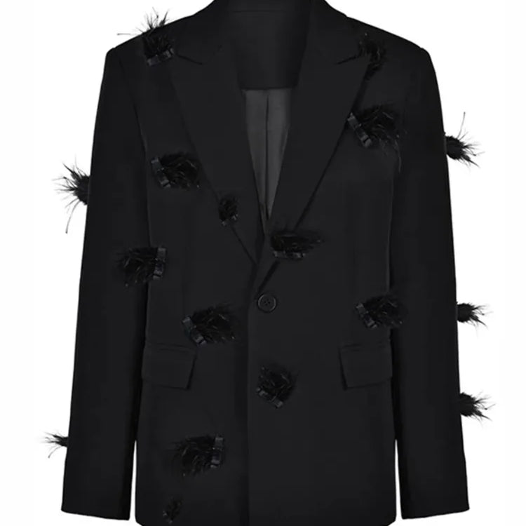 DEAT Fashion Women Blazer Notched Collar Single Button Mesh Patchwork Diagonal Collar Dresses Suit Jackets Spring CP1821