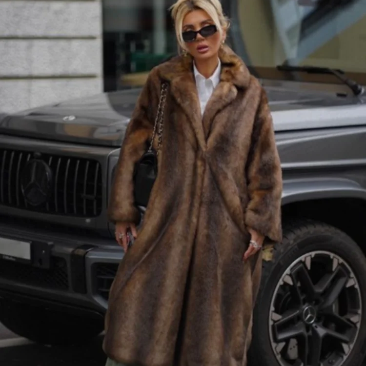 Women Retro Luxury Faux Fur Coat Fashion Lapel Single Breasted Long Sleeve Pockets Jacket Winter Plush Warm High Street Outwear