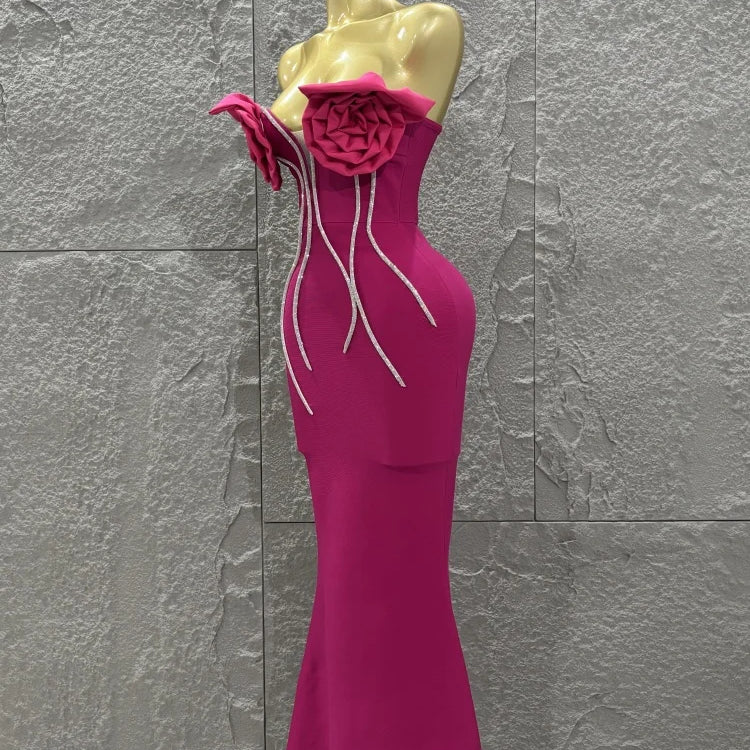 Rosered Color Women Sexy Florals Strapless Diamond Line Bodycon Long Bandage Dress Birthday Party Photo Shoot Wear