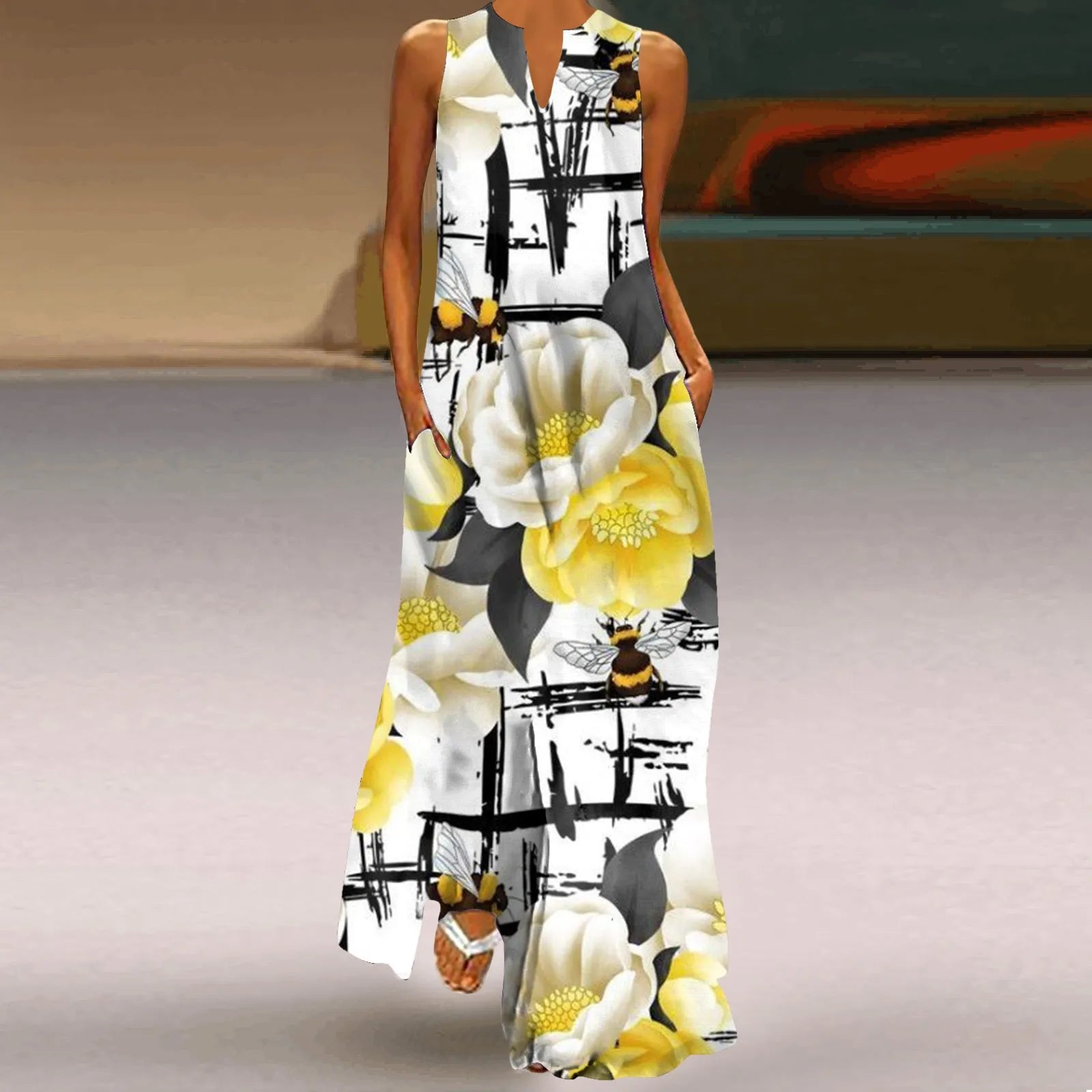 Fashionable Women's Hollow V-neck Maxi Dress Fresh Flower Print Sleeveless Loose Straight Beach Seaside Vacation Long Dress