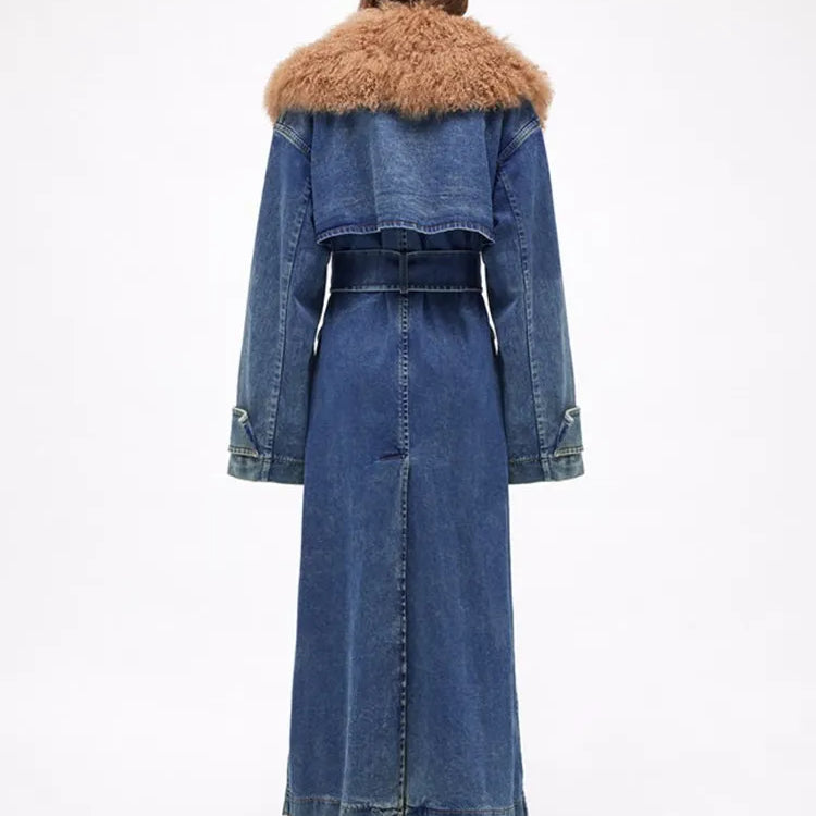 TWOTWINSTYLE Colorblock Patchwork Lace Up Denim Coat For Women Fur Collar Long Sleeve Loose Casual Trench Female Fashion Style