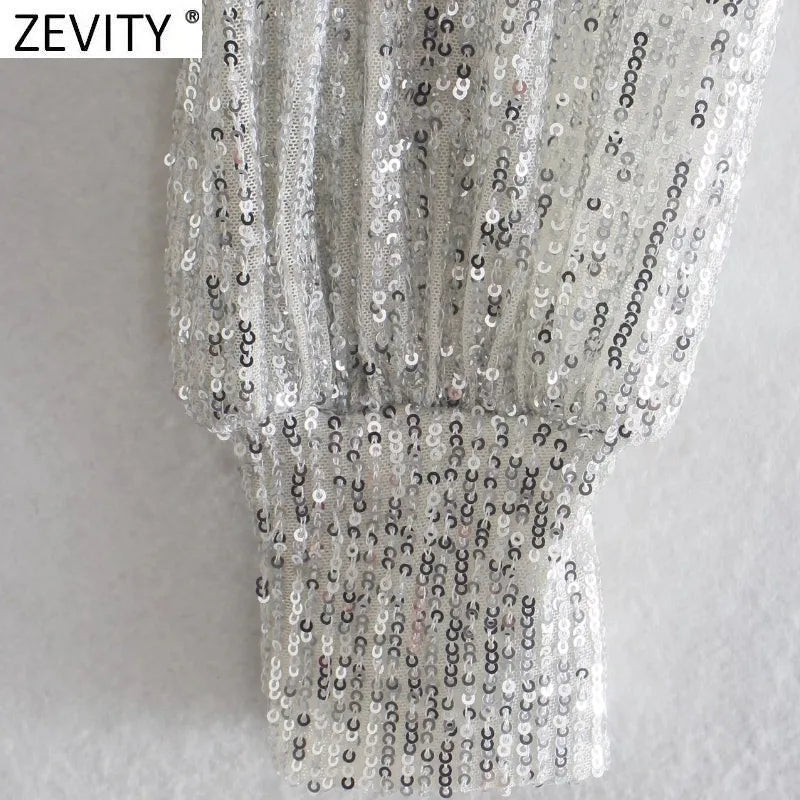 Women Sexy Deep V Neck Short Sequined Smock Blouse Lady Chic Pleats Puff Sleeve Party Wear Crop Shirts Blusas Tops