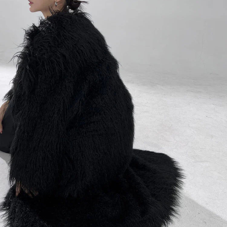 Winter Long Black Hairy Shaggy Thick Warm Soft Fluffy Faux Fur Coat Women Sashes Luxury Designer Overcoat Runway Fashion