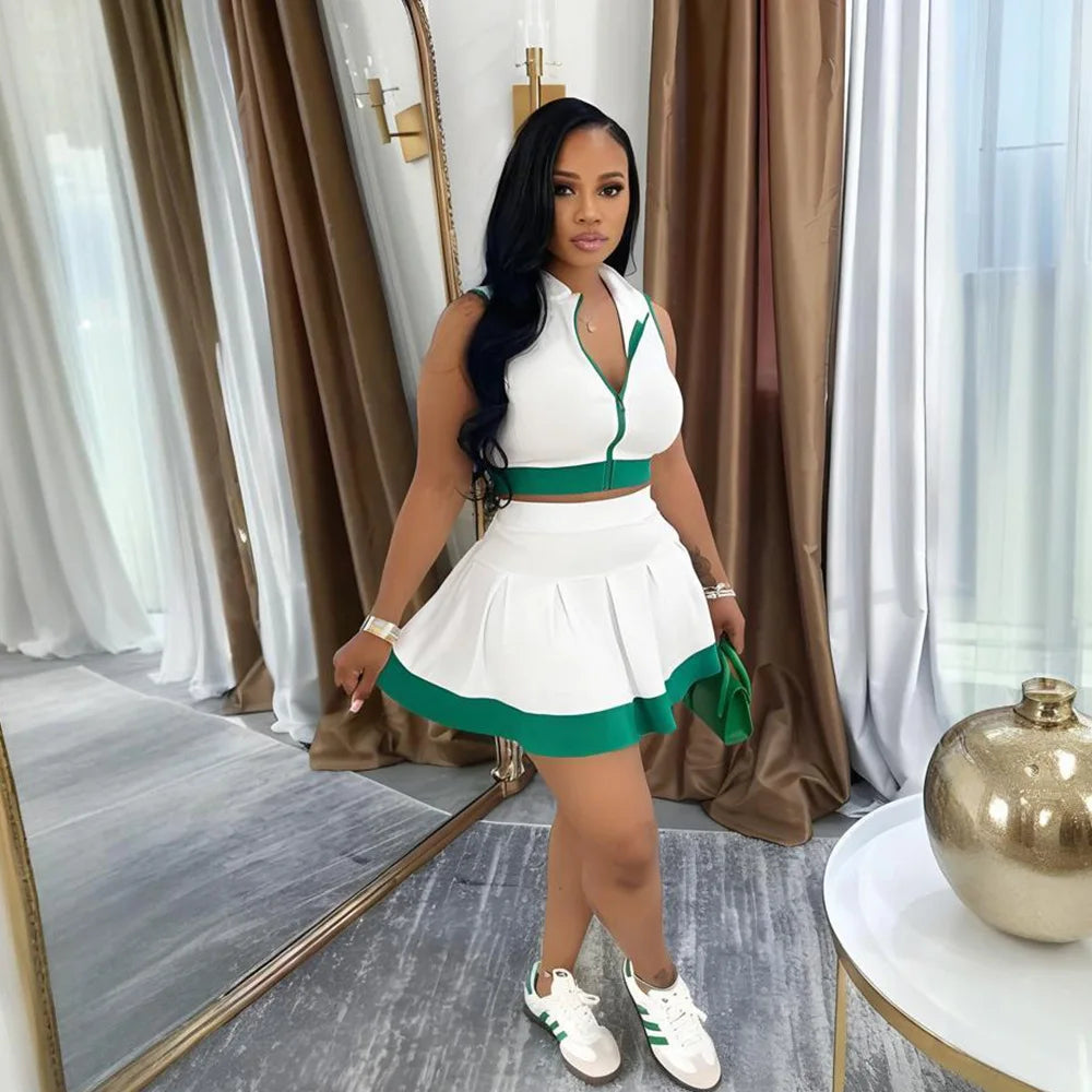 CM.YAYA Women's Set Sleeveless V-neck Vest + Pleated Skirts 2025 Summer Cute Street Beach Two 2 Piece Sets Outfits Tracksuit White