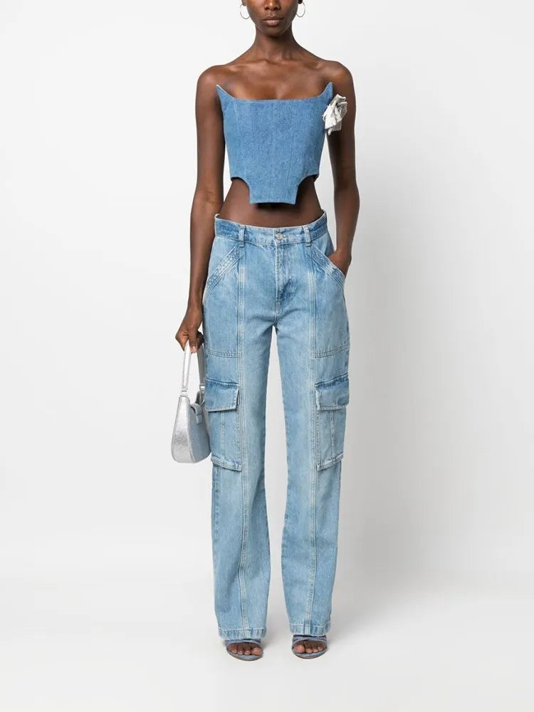 Denim Irregular Vests For Women Slash Neck Sleeveless Patchwork Appliques Slimming Vintage Vest Female Fashion 2023