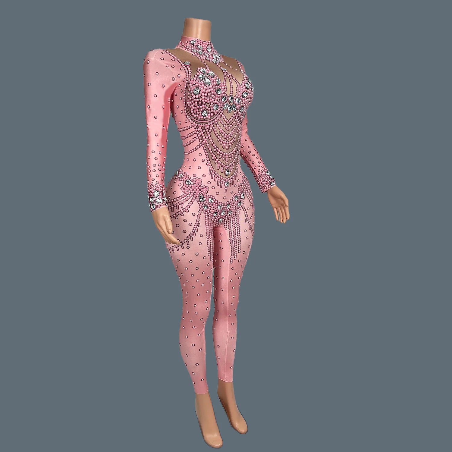 Luxury Rhinestones Long Sleeve Bodycon Pink Jumpsuit Sexy Singer Stage Show Spandex Costume Black Girls Club Jumpsuit Fensehuiyi