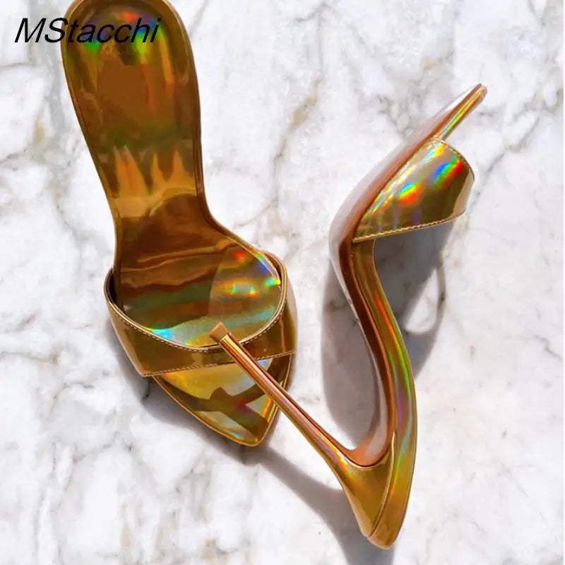 Laser Dazzling Color Sandals For Women Slippers Summer Star Style Very High Heel Shoes Peep Toe Ladies Stiletto Sandals 2025