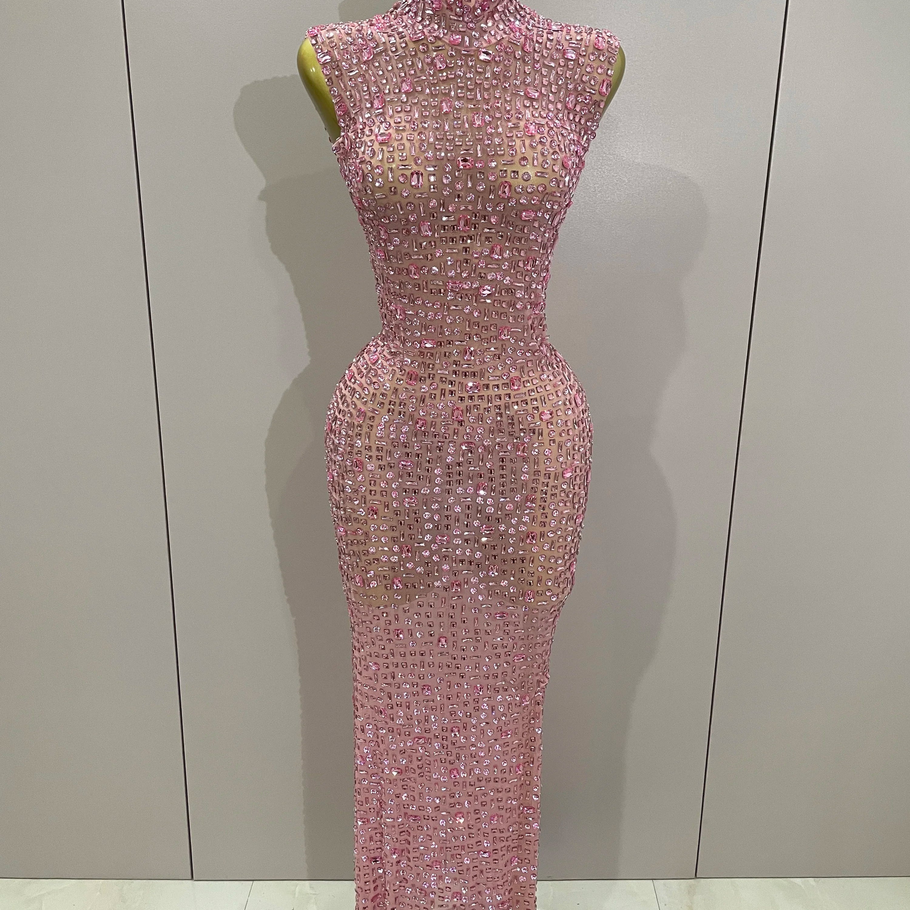 Sexy Sparkly Crystal Diamonds Mesh See Through Long Dress 2025 New Women Elegant Party Costume Singer Stage Performance Outfit