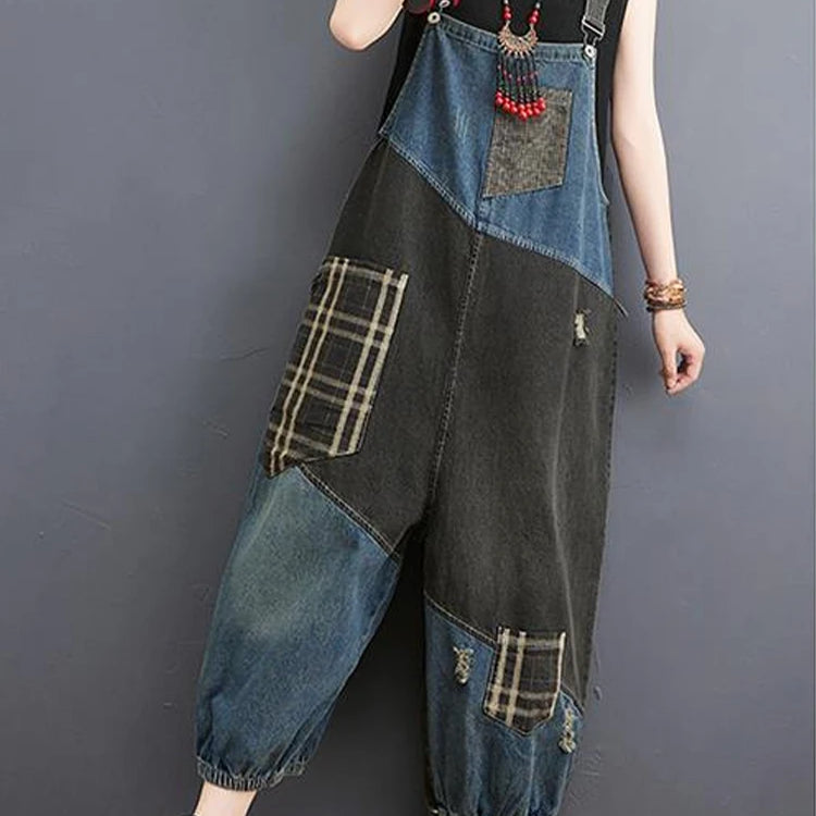 Korean Fall Jeans Women Plaid Ripped Denim Overalls Ladies Vintage Punk Loose Pants Luxury Classic Casual Trousers