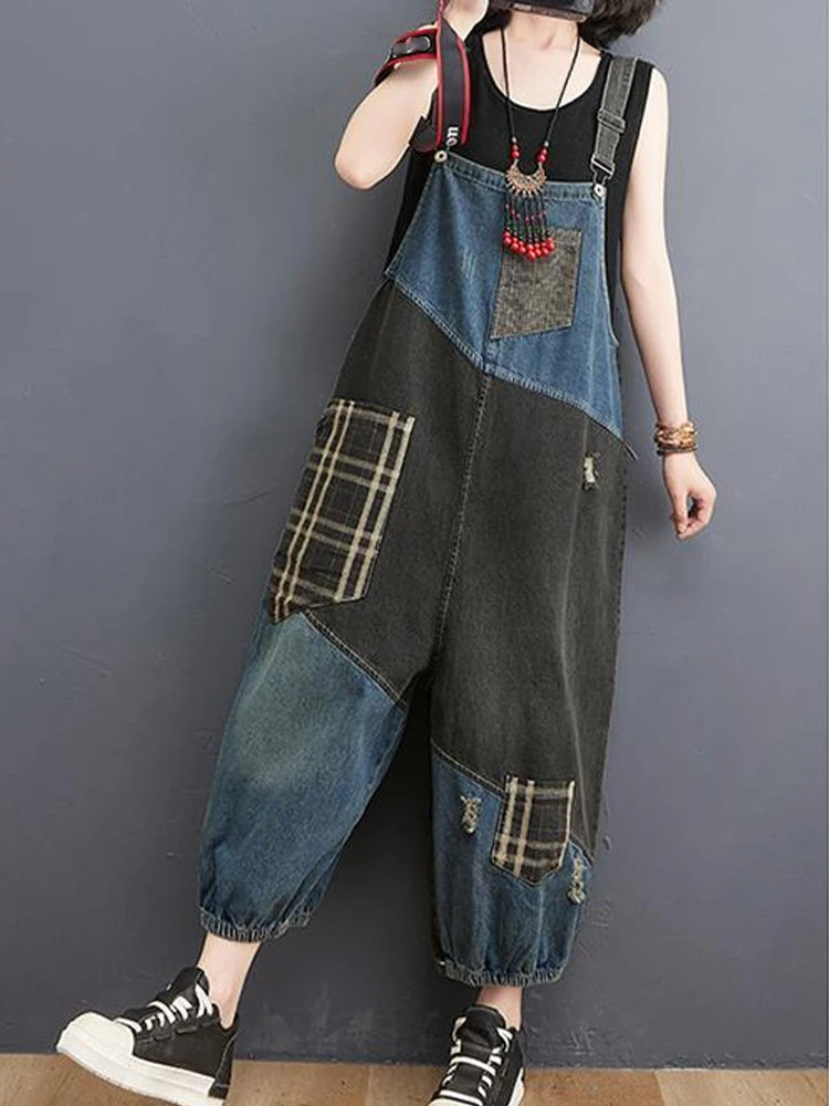 Korean Fall Jeans Women Plaid Ripped Denim Overalls Ladies Vintage Punk Loose Pants Luxury Classic Casual Trousers
