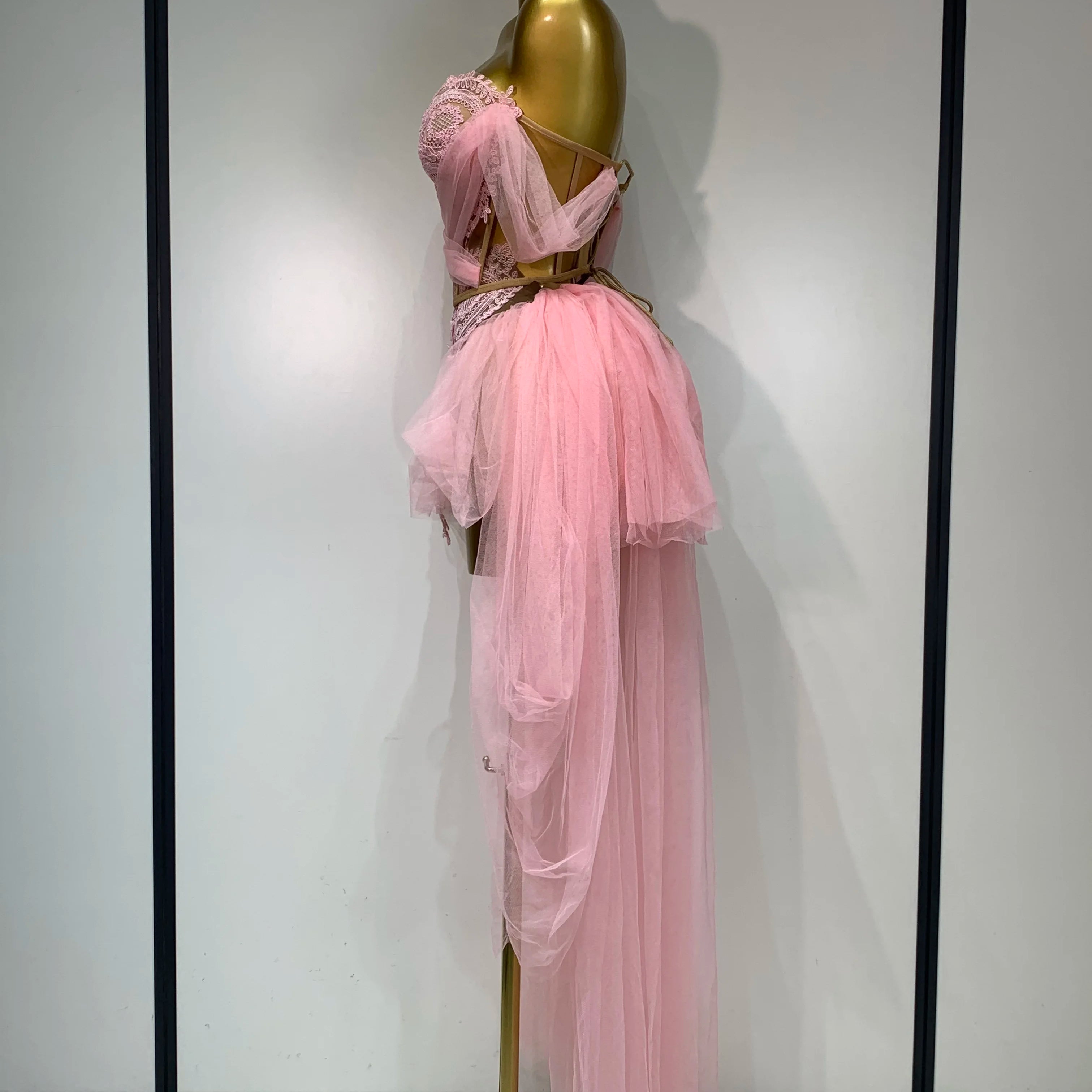 Women Sexy Strapless Pink Mesh Two Pieces Set Prom Gown Celebrate Birthday Nightclub Party Singer Stage Performance Costume