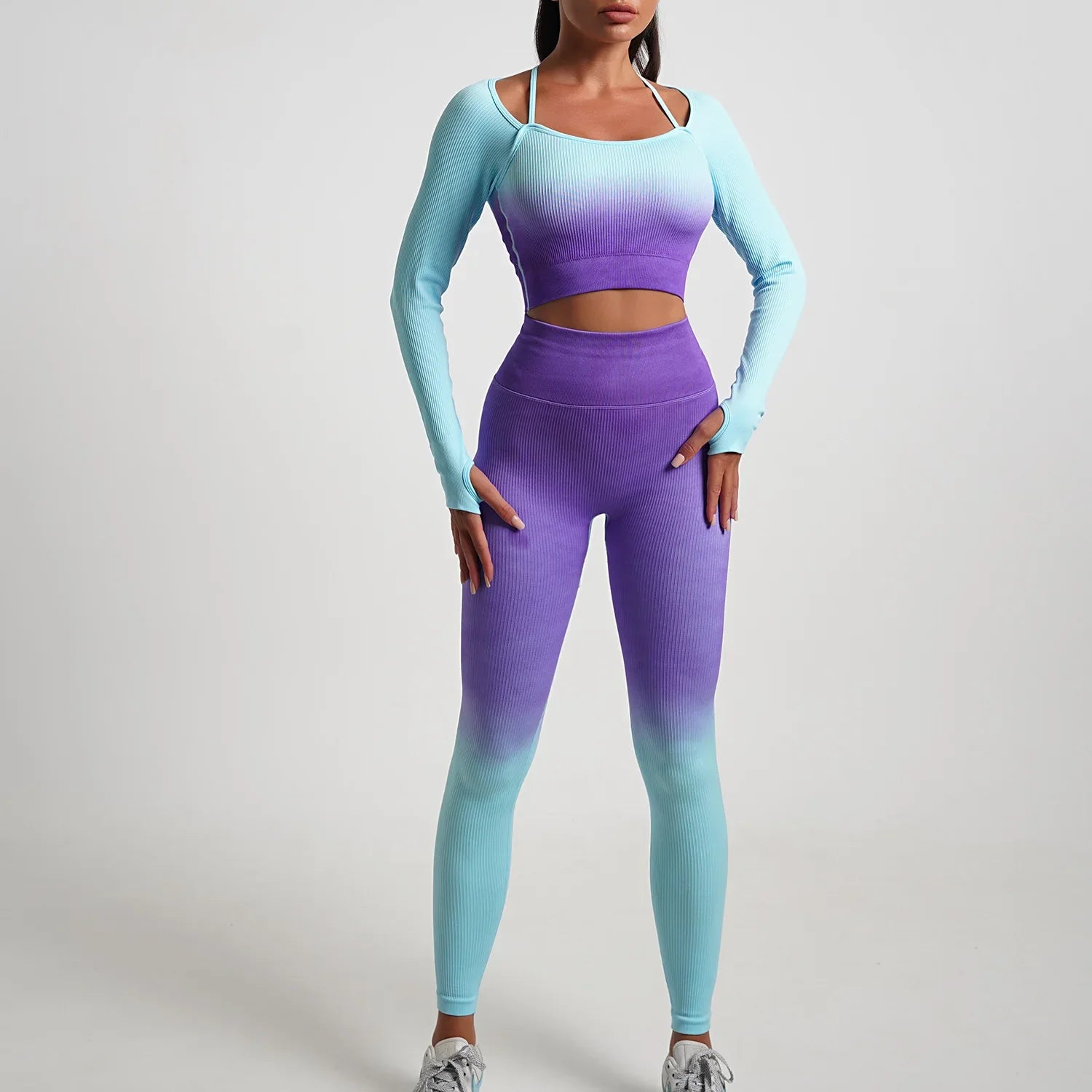 Seamless Gradient Yoga Sets Sports Fitness High Waist Hip-Lifting Pants Long-Sleeved Suits Workout Gym Leggings Sets for Women Purple A