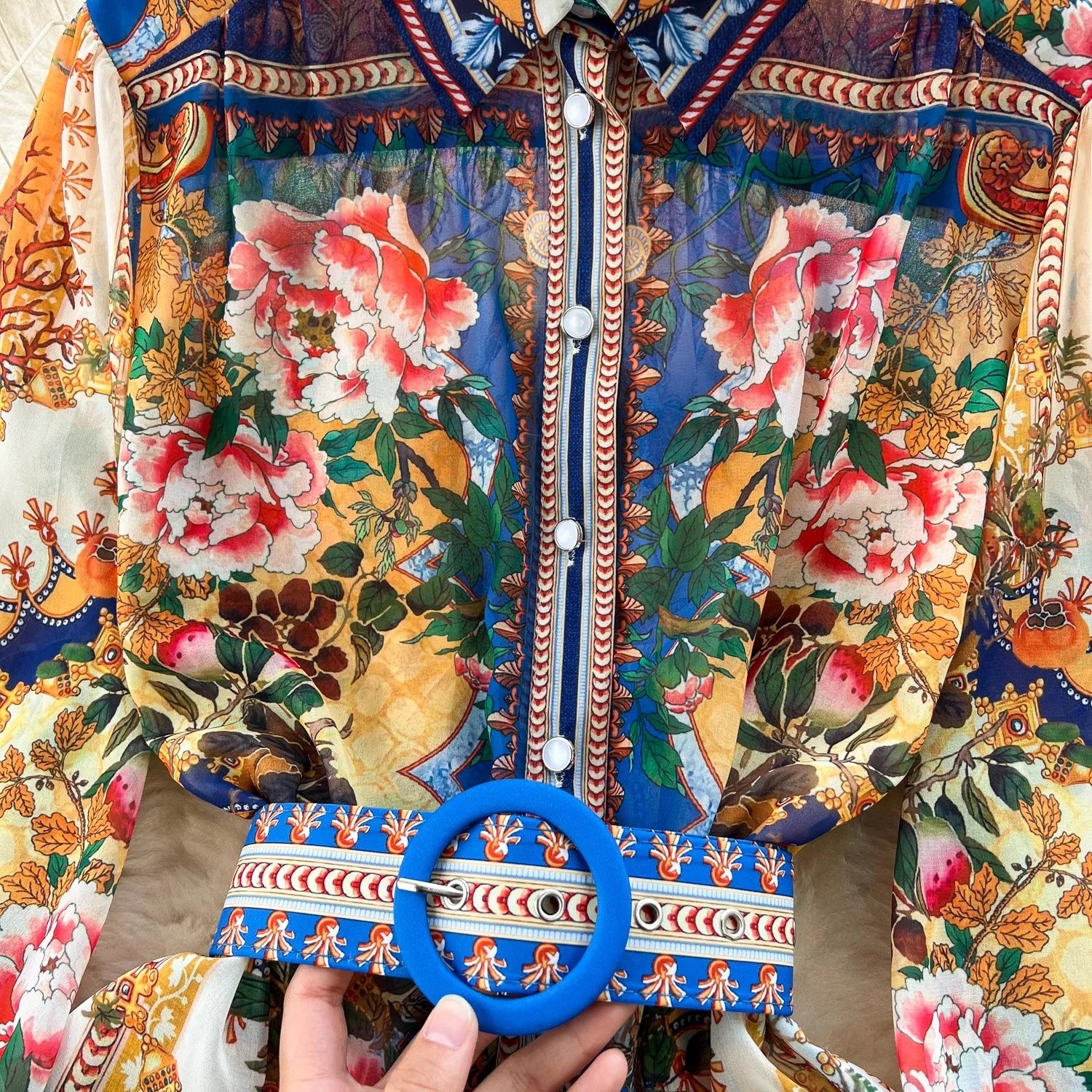 Summer Gorgeous Holiday Beach Mini Dress Women's Stand Long Lantern Sleeve Vintage Print Belt Lace Up Chiffon Loose Vestido 6259