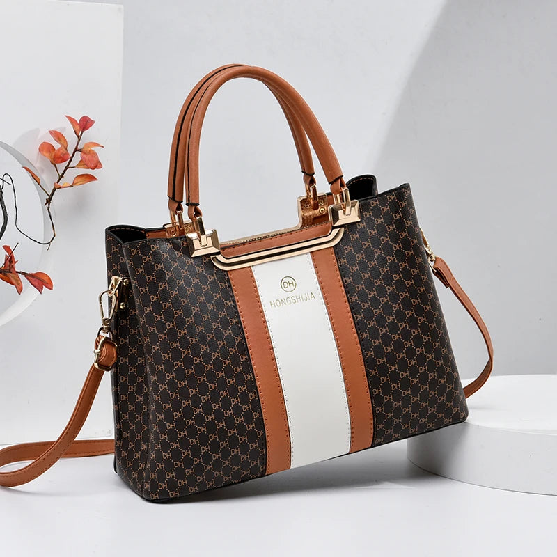 Plaid Pattern Shoulder Bag, Portable Handle Large Capacity Handbag, Detachable Strap Classic Shoulder Bag Orange