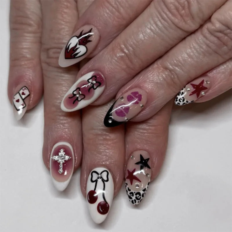 24pcs French Almond Press on Nails Flower Pattern Fake Nails False Nails Artificial Tips Накладные Ногти Uñas Postizas Mujer 네일팁