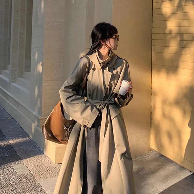 Spring Autumn Long Oversized Light Khaki Trench Coat for Women with Hood Double Breasted Loose Casual Overcoat 2024