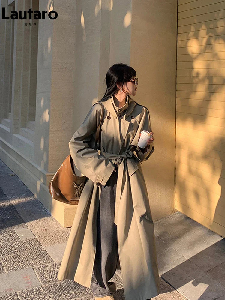 Spring Autumn Long Oversized Light Khaki Trench Coat for Women with Hood Double Breasted Loose Casual Overcoat 2024