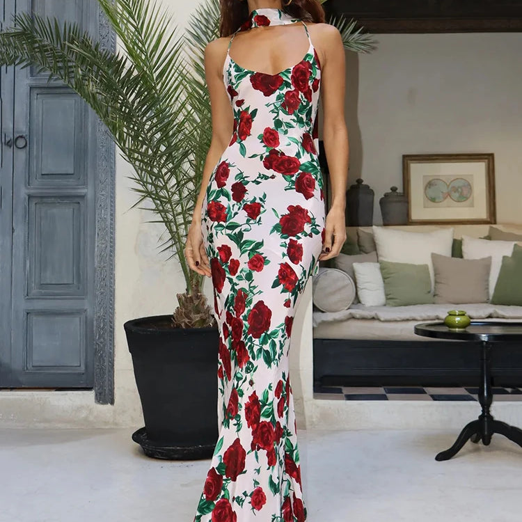 Halter Backless Print Sexy Maxi Dress For Women Gown Elegant Sleeveless High Waist Evening Club Party Long Dress