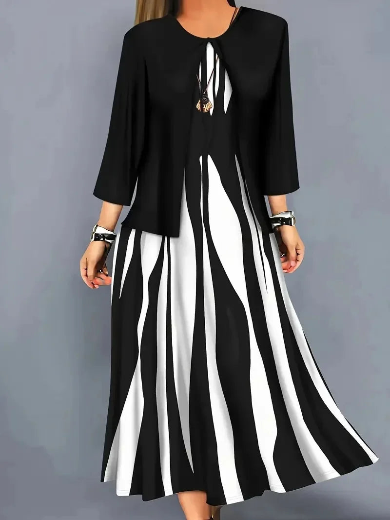 Plus Size Plus Size Geometric Print Long Sleeve Dress And Jacket Set Two Piece Set Large Size Polyester Fiber Women's Fashion