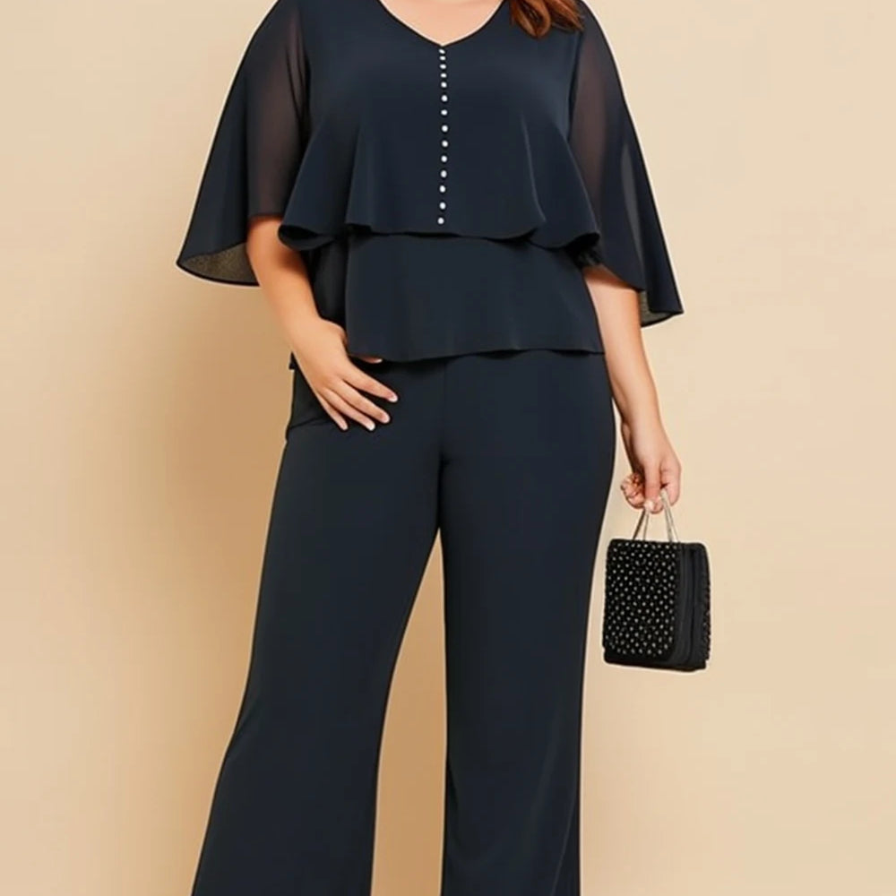 Flycurvy Plus Size Mother Of The Bride Navy Blue Chiffon V Neck Cape Sleeve Two Piece Pant Suit