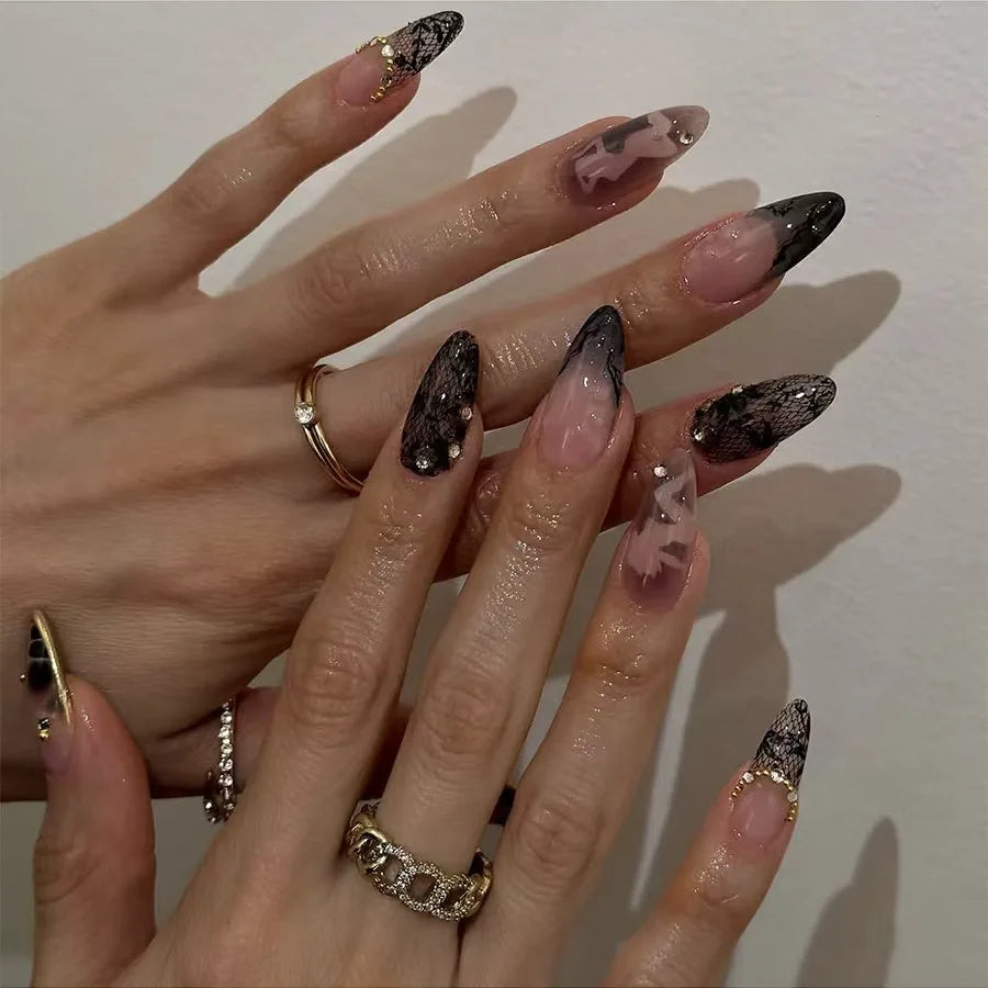 24Pcs Mid-length Almond Full Cover Nails Tips with Black Lace French Design Fake Nail Rhinestone Detachable Press on False Nails