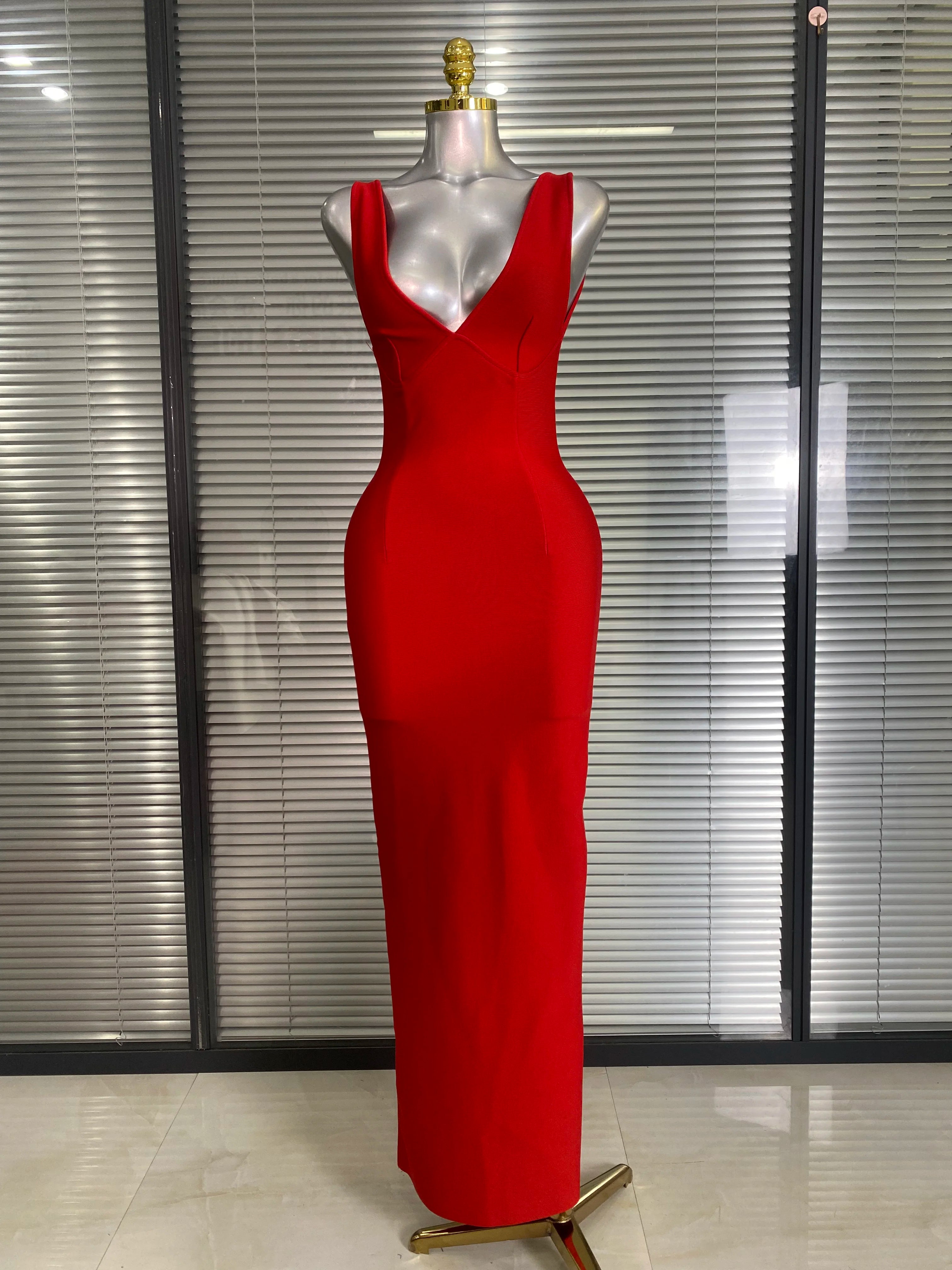 Brand New 2025 Sexy Women Deep V Neck Backless Red Bandage Dress Celebrity Knitted Elegant Bodycon Party Maxi Dress