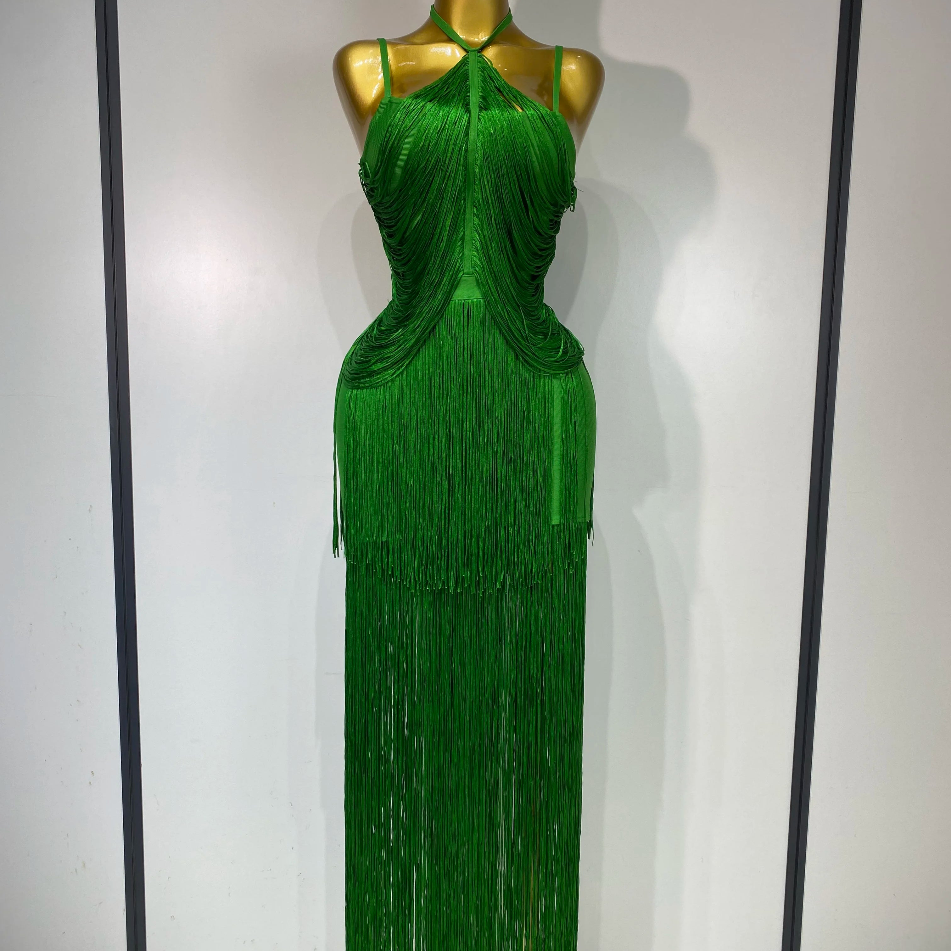 Women Sexy Backless Tassel Green Ankle Bodycon Bandage Dress 2025 Celebrity Elegant Evening Club  Luxury Birthday Party Outfit 