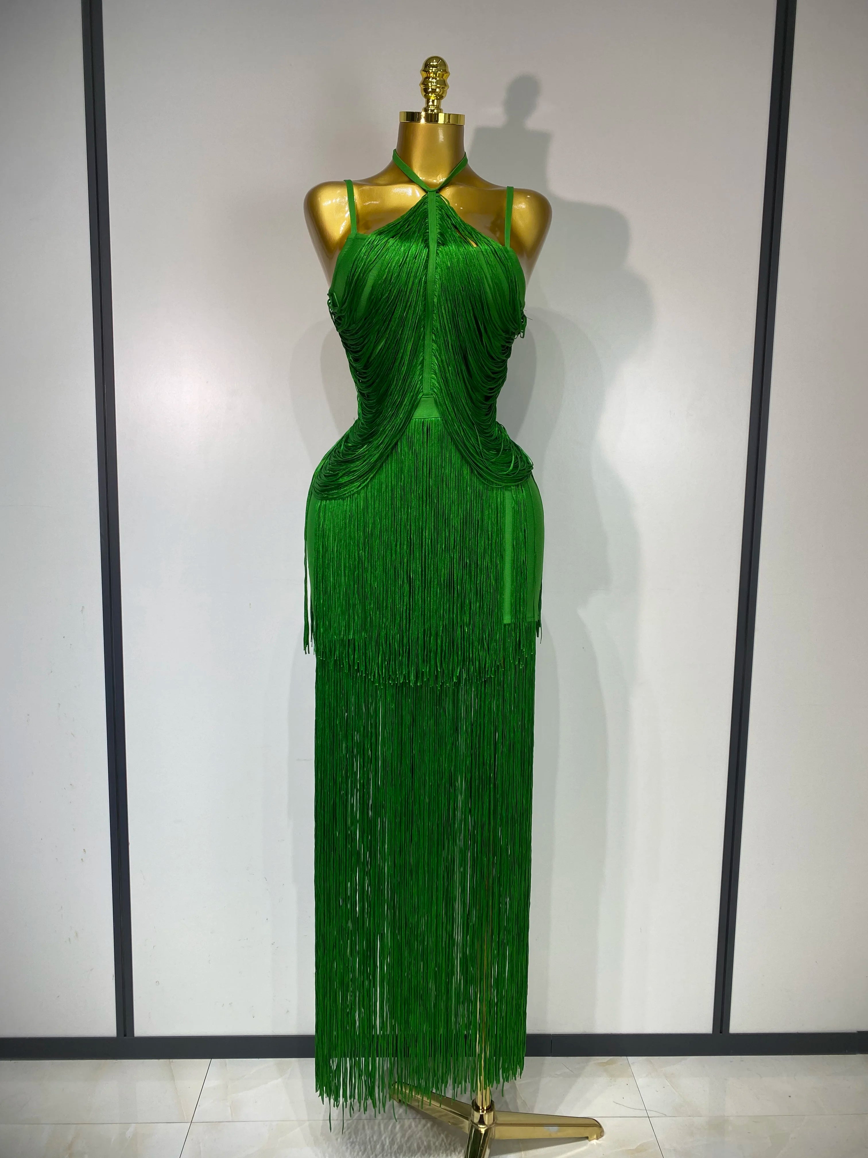 Women Sexy Backless Tassel Green Ankle Bodycon Bandage Dress 2025 Celebrity Elegant Evening Club Luxury Birthday Party Outfit 