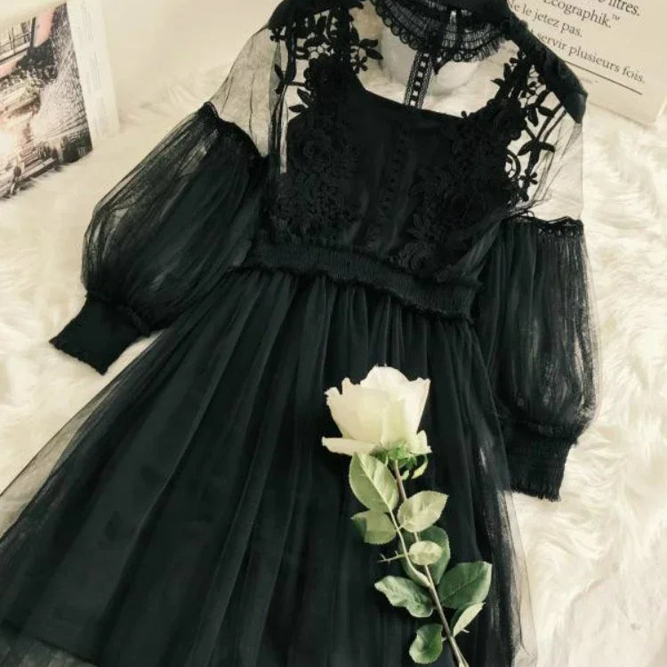 Women Party Lace Flower Dress Gauze Lantern Sleeve Voile Long Dress Female Retro Hook Princess Dress 2 Piece Set black