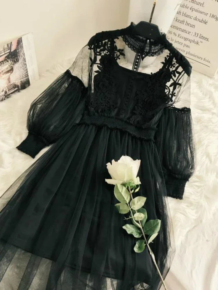 Women Party Lace Flower Dress Gauze Lantern Sleeve Voile Long Dress Female Retro Hook Princess Dress 2 Piece Set black
